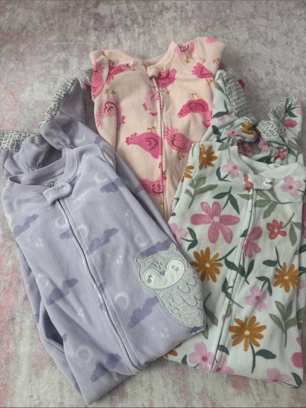 CATERS footsies Floral & Animal Print Fleece Pajama Set - Pink, Lavender, Ivory.